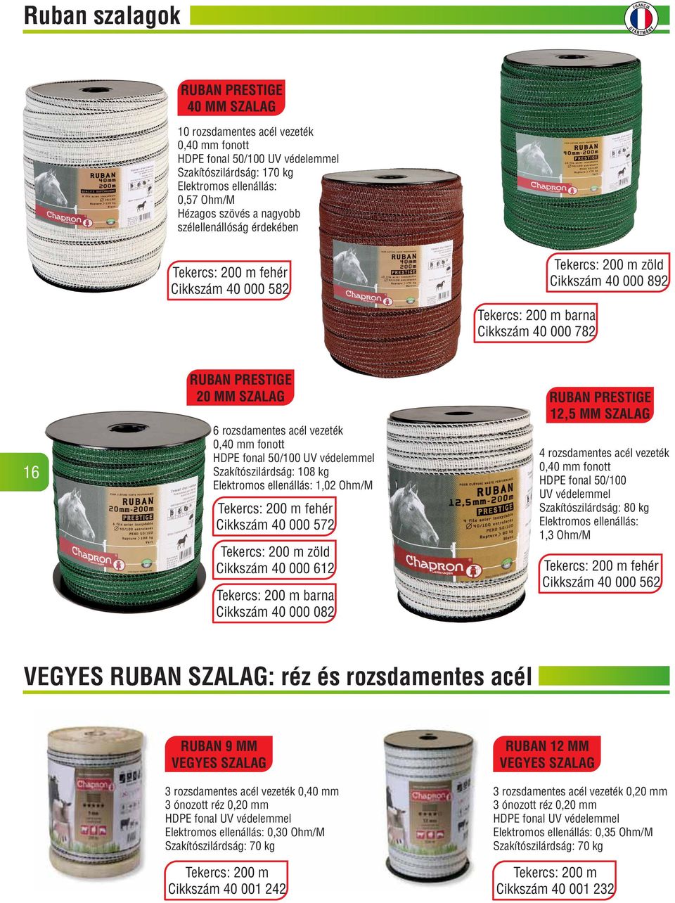 vezeték 0,40 mm fonott HDPE fonal 50/100 UV védelemmel Szakítószilárdság: 108 kg Elektromos ellenállás: 1,02 Ohm/M fehér Cikkszám 40 000 572 zöld Cikkszám 40 000 612 barna Cikkszám 40 000 082 4
