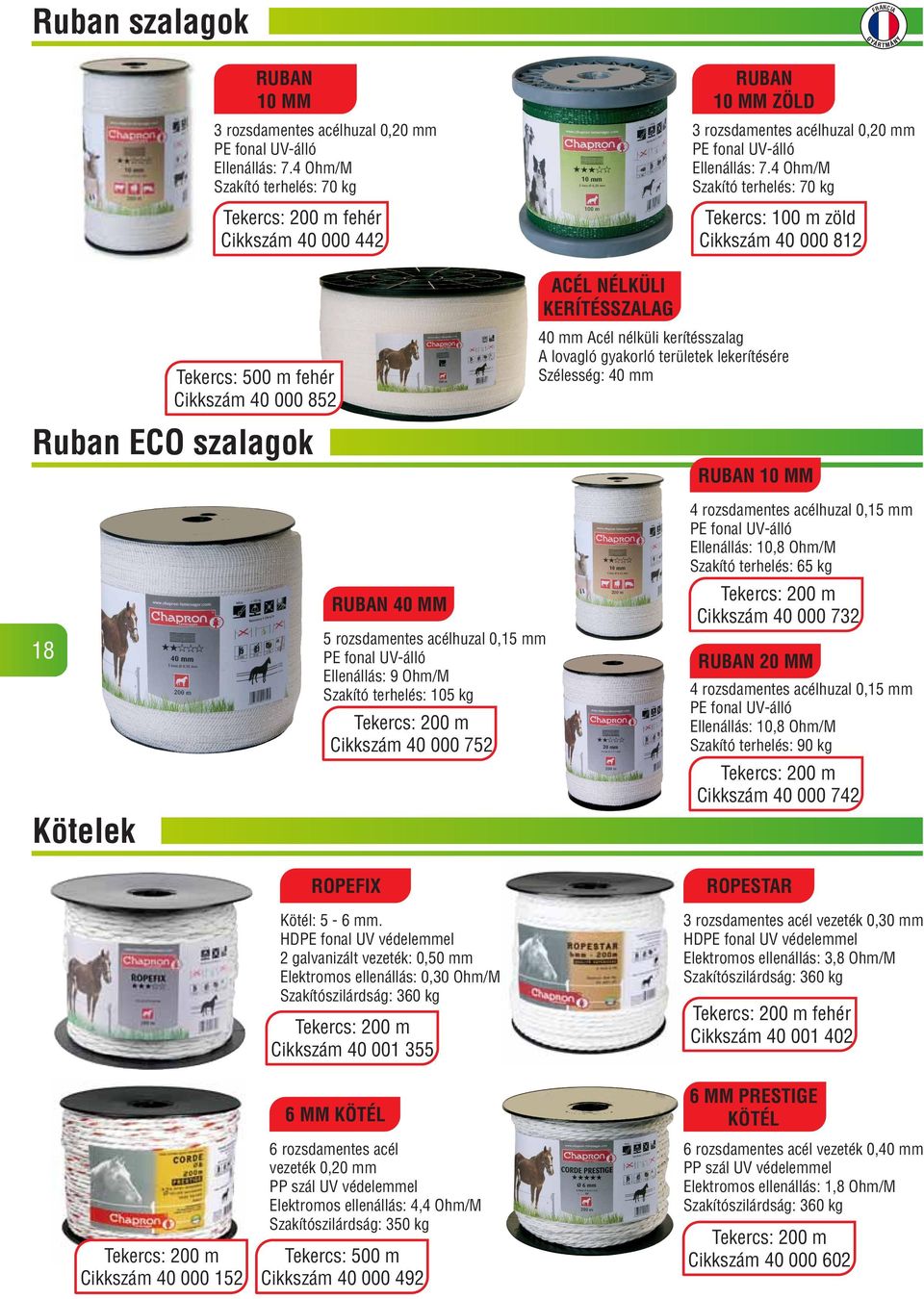területek lekerítésére Szélesség: 40 mm 3 rozsdamentes acélhuzal 0,20 mm PE fonal UV-álló Ellenállás: 7.