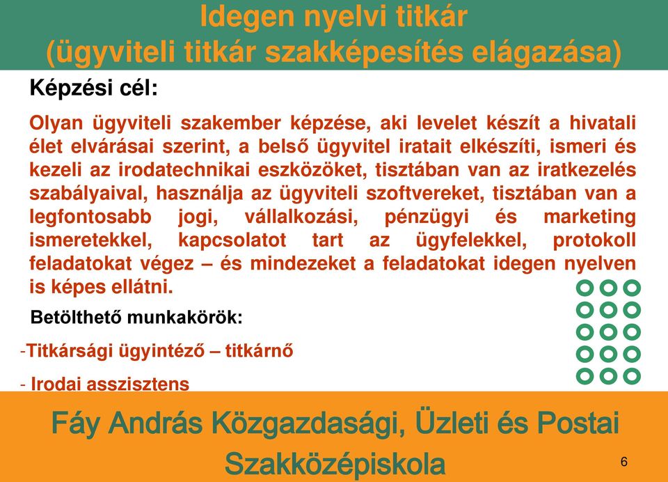 használja az ügyviteli szoftvereket, tisztában van a legfontosabb jogi, vállalkozási, pénzügyi és marketing ismeretekkel, kapcsolatot tart az