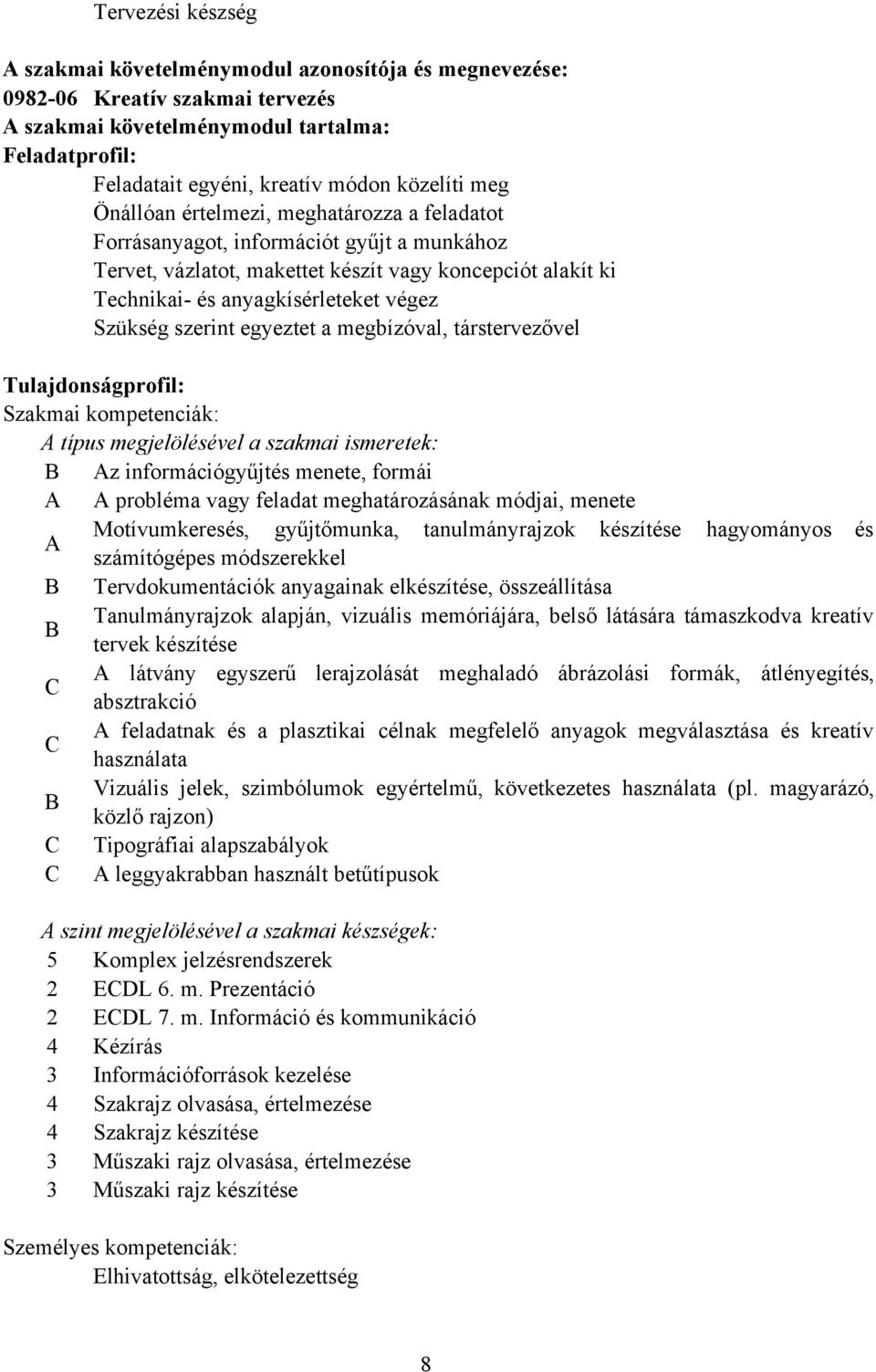 szerint egyeztet a megbízóval, társtervezővel Tulajdonságprofil: Szakmai kompetenciák: típus megjelölésével a szakmai ismeretek: z információgyűjtés menete, formái probléma vagy feladat