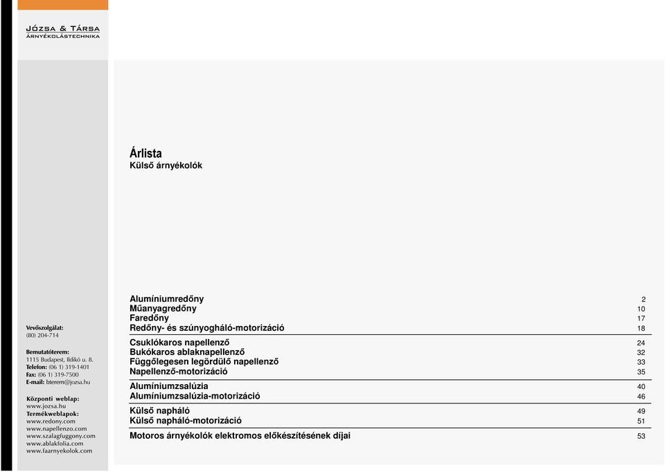 legördülő napellenző 33 Napellenző-motorizáció 35 Alumíniumzsalúzia 40