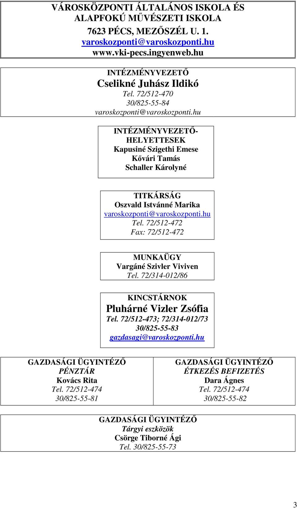 hu INTÉZMÉNYVEZETİ- HELYETTESEK Kapusiné Szigethi Emese Kıvári Tamás Schaller Károlyné TITKÁRSÁG Oszvald Istvánné Marika varoskozponti@varoskozponti.hu Tel.