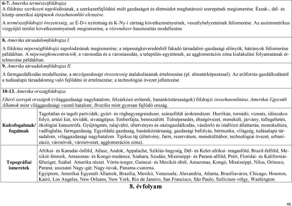 Az aszimmetrikus vízgyűjtő terület következményeinek megismerése, a vízrendszer-hasznosítás modellezése. 8. Amerika társadalomföldrajza I.