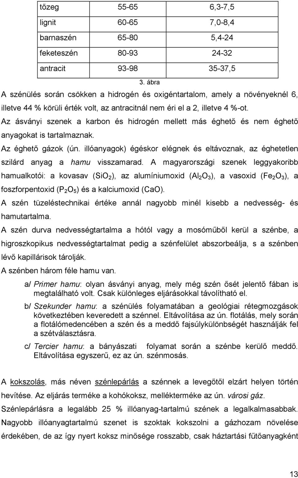 Az ásványi szenek a karbon és hidrogén mellett más éghető és nem éghető anyagokat is tartalmaznak. Az éghető gázok (ún.