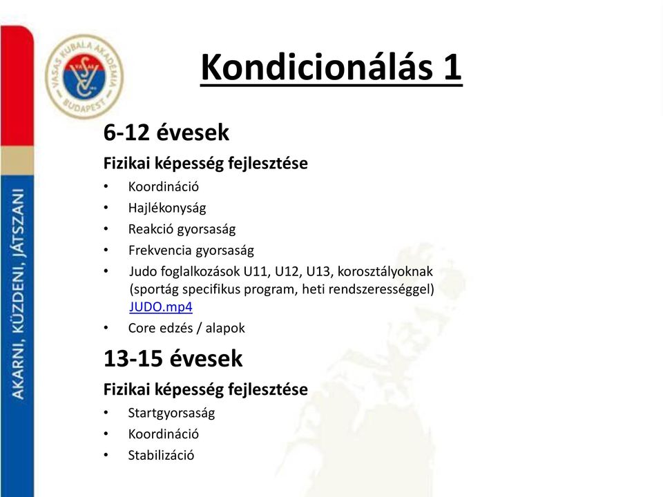 korosztályoknak (sportág specifikus program, heti rendszerességgel) JUDO.