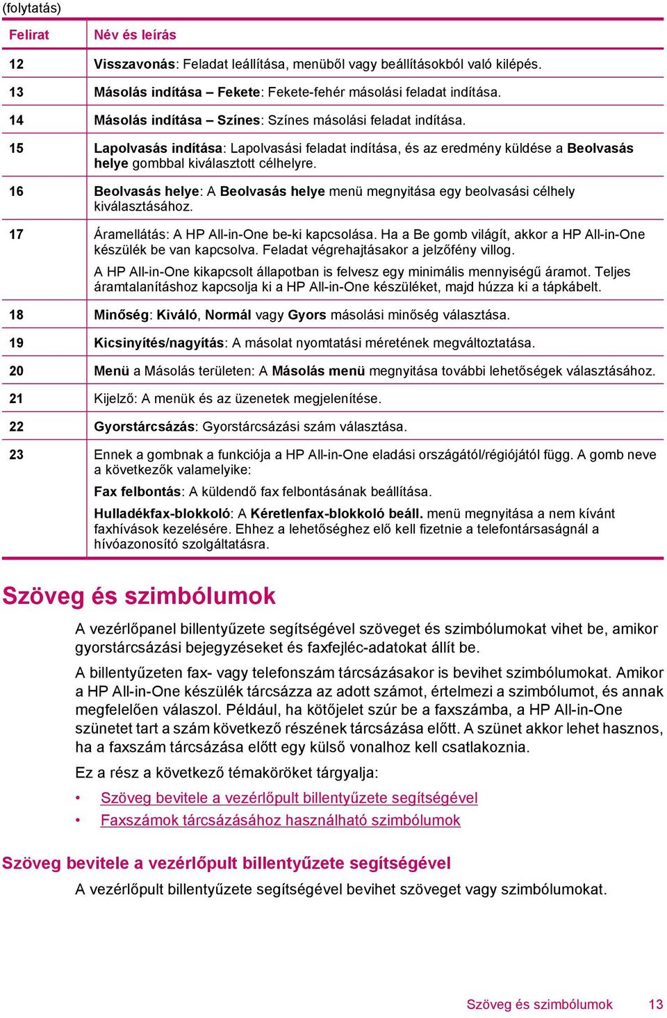 16 Beolvasás helye: A Beolvasás helye menü megnyitása egy beolvasási célhely kiválasztásához. 17 Áramellátás: A HP All-in-One be-ki kapcsolása.