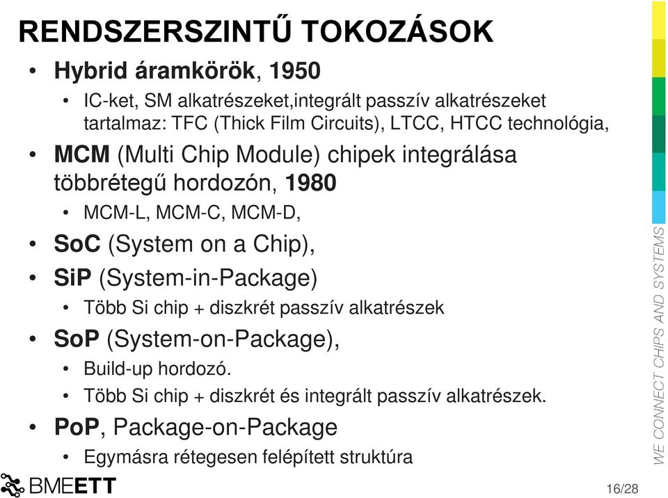 SoC (System on a Chip), SiP (System-in-Package) Több Si chip + diszkrét passzív alkatrészek SoP (System-on-Package), Build-up