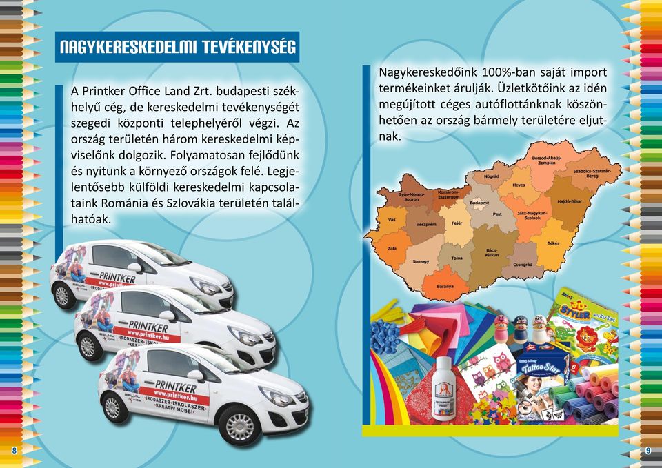 Az ország területén három kereskedelmi képviselőnk dolgozik. Folyamatosan fejlődünk és nyitunk a környező országok felé.