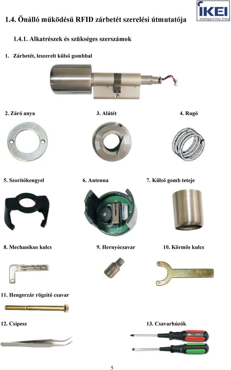 Szorítókengyel 6. Antenna 7. Külső gomb teteje 8. Mechanikus kulcs 9.