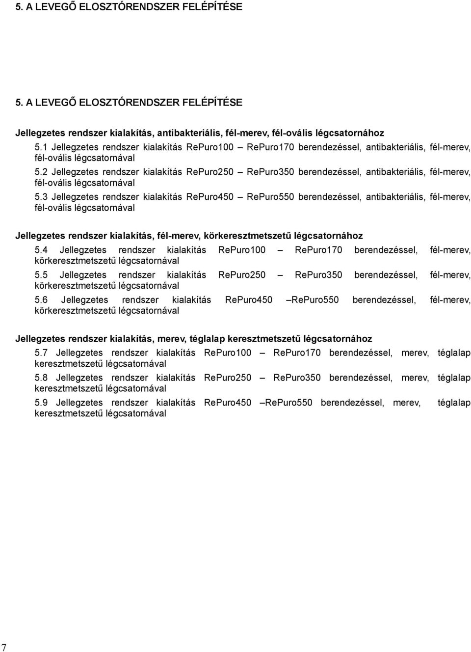 2 Jellegzetes rendszer kialakítás RePuro25 RePuro35 berendezéssel, antibakteriális, fél-merev, fél-ovális légcsatornával 5.