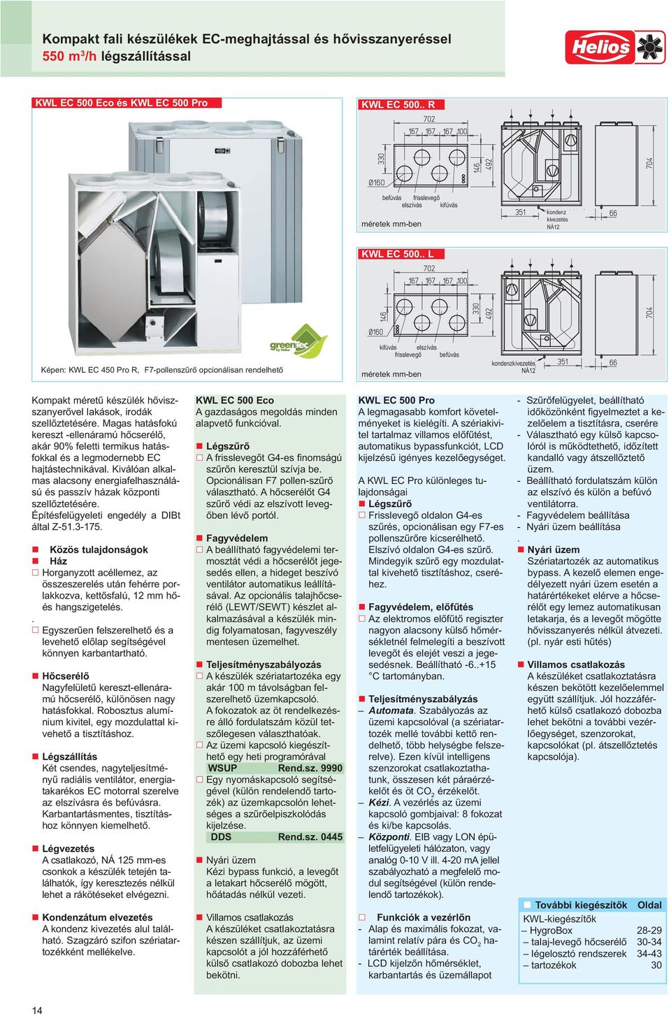 . L Képen: KWL EC 450 Pro R, F7-pollenszőrı opcionálisan rendelhetı kifúvás elszívás frisslevegı befúvás méretek mm-ben kondenzkivezetés NÁ12 Kompakt mérető készülék hıviszszanyerıvel lakások, irodák