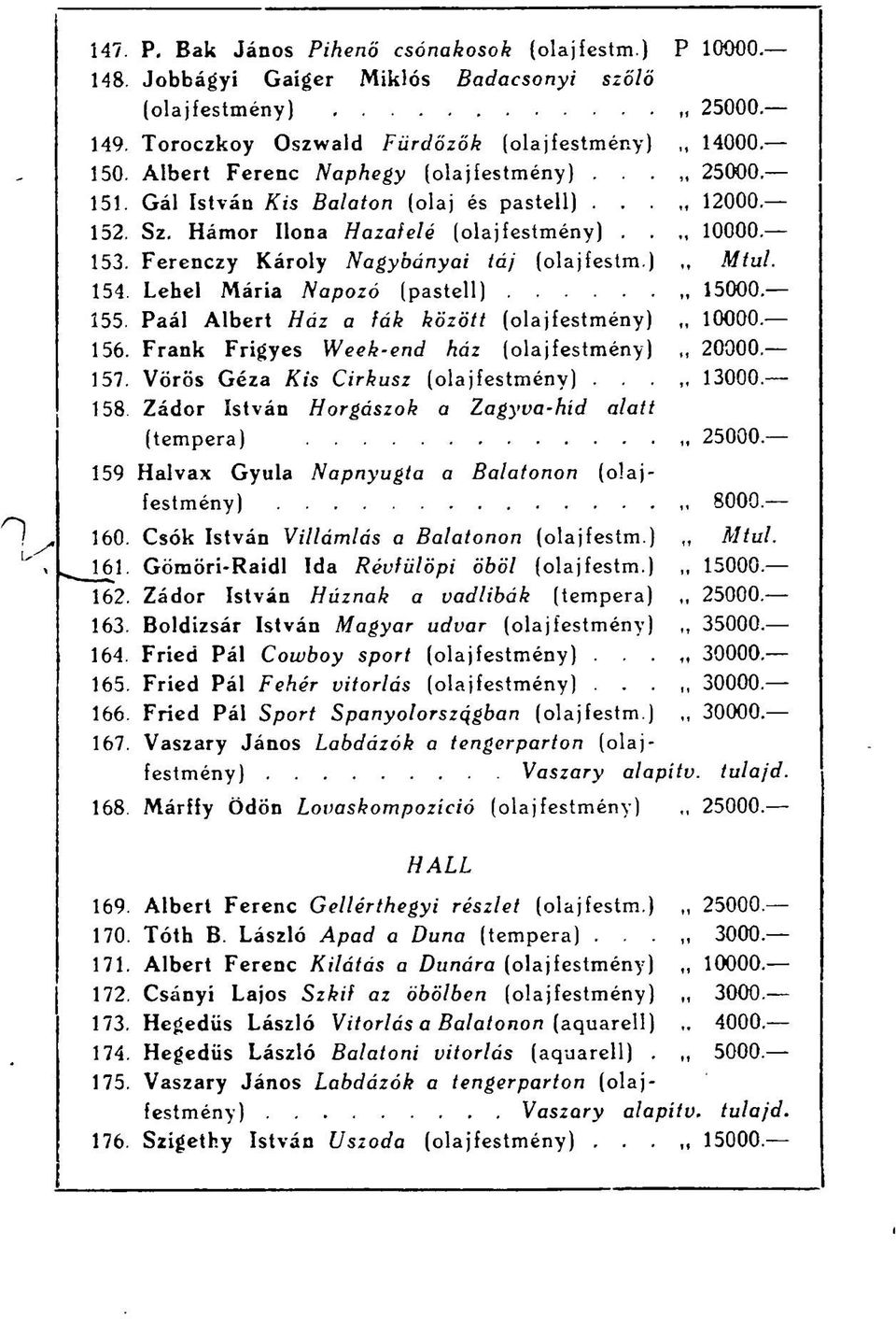 ),, Mtul. 154. Lehel Mária Napozó (pastell) 15000 155. Paál Albert Ház a fák között (olajfestmény),. 10000. 156. Frank Frigyes Week-end ház (olajfestmény),. 20000. 157.