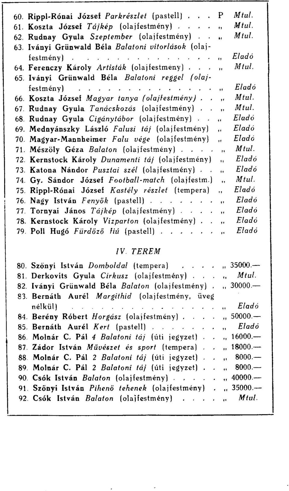 Koszta József Magyar tanya (olajfestmény)..,, Mtul. 67. Rudnay Gyula Tanácskozás (olajfestmény).. Mtul. 68. Rudnay Gyula Cigánytábor (olajfestmény)..,, Eladó 69.