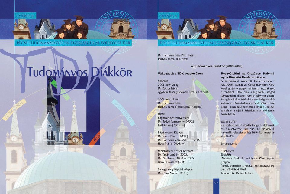 ) Pécsi Központ Dr. Nagy Júlia ( 2001.) Dr. Hartmann Géza (2001. 2003. Hock Márta (2003. ) Szombati Központ Dr. Tarján Jenő ( 2002.) Dr. Kiss Tamás (2002. 2005.) Németh Gyuláné (2005.