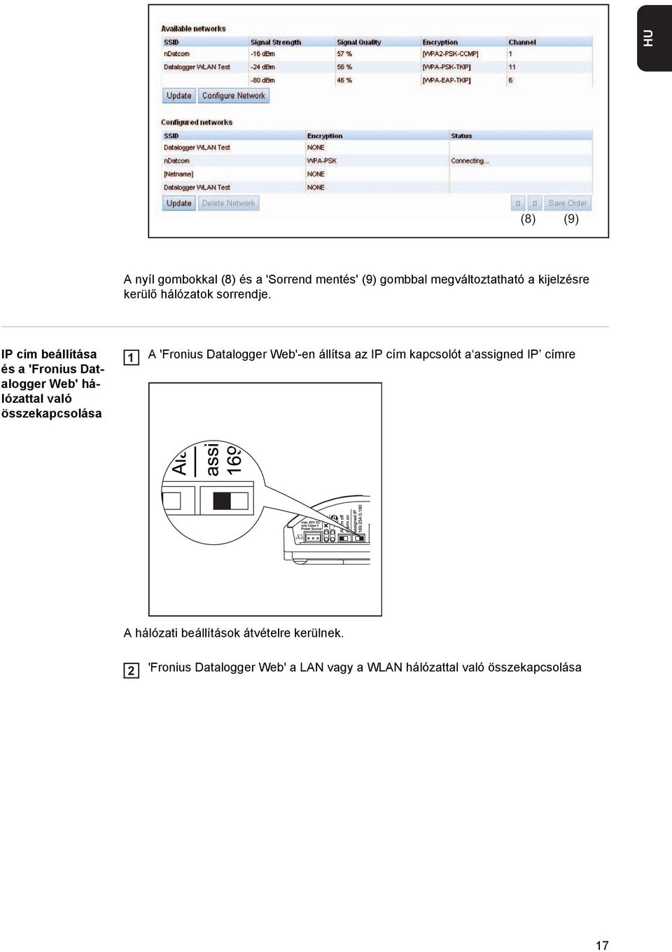 IP cím beállítása és a 'Fronius Datalogger Web' hálózattal való összekapcsolása 1 A 'Fronius