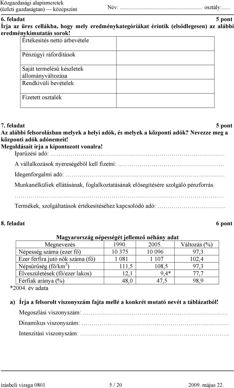 feladat 5 pont Az alábbi felsorolásban melyek a helyi adók, és melyek a központi adók? Nevezze meg a központi adók adónemeit! Megoldásait írja a kipontozott vonalra! Iparűzési adó:.