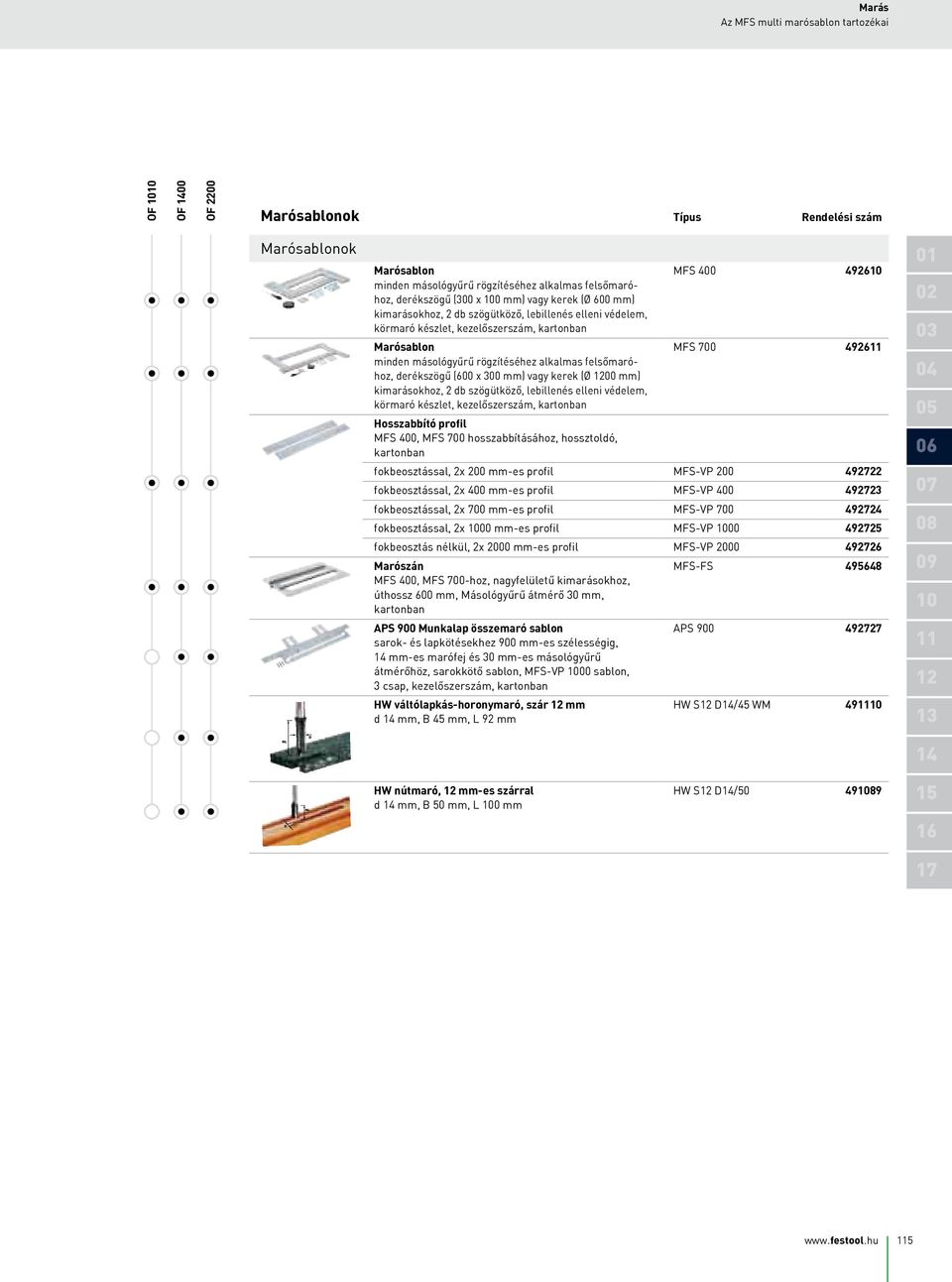 alkalmas felsőmaróhoz, derékszögű (600 x 300 mm) vagy kerek (Ø 1200 mm) kimarásokhoz, 2 db szögütköző, lebillenés elleni védelem, körmaró készlet, kezelőszerszám, kartonban Hosszabbító profil MFS