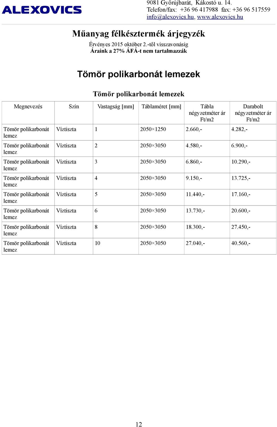 860,- 10.290,- Víztiszta 4 2050 3050 9.150,- 13.725,- Víztiszta 5 2050 3050 11.440,- 17.