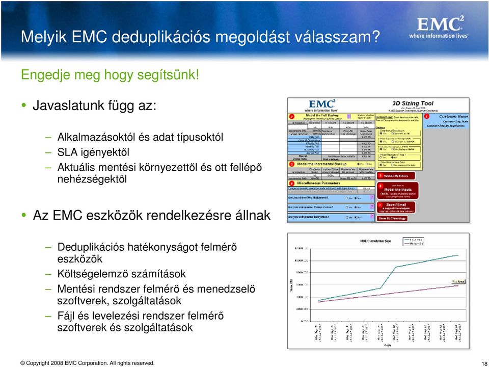 fellépő nehézségektől Az EMC eszközök rendelkezésre állnak Deduplikációs hatékonyságot felmérő eszközök