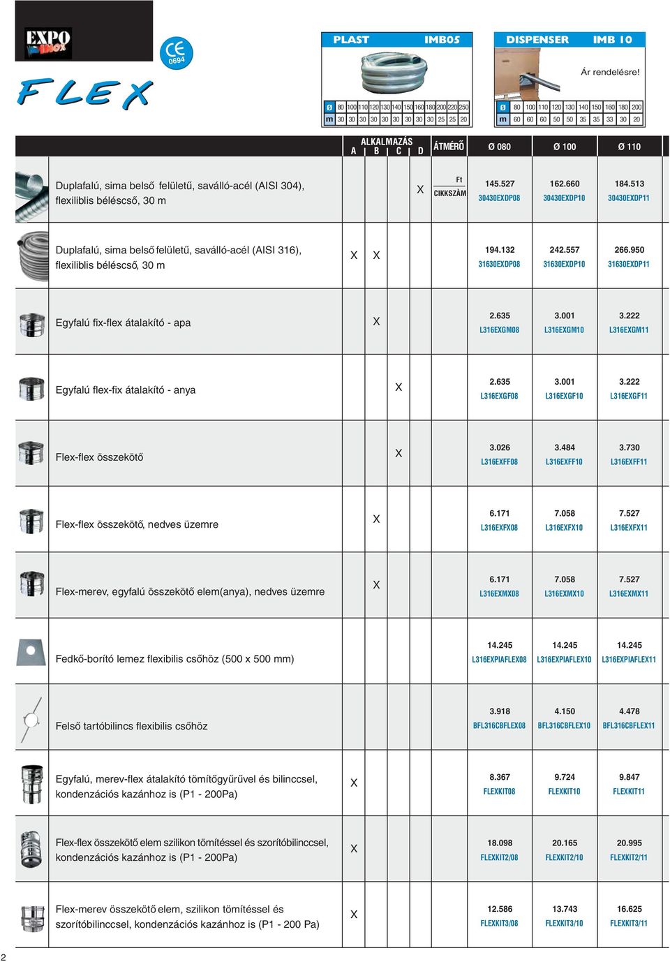 CIKKSZÀM 145.527 30430EDP08 162.660 30430EDP10 184.513 30430EDP11 Duplafalú, sima belső felületű, savállóacél (AISI 316), flexiliblis béléscső, 30 m 194.132 31630EDP08 242.557 31630EDP10 266.