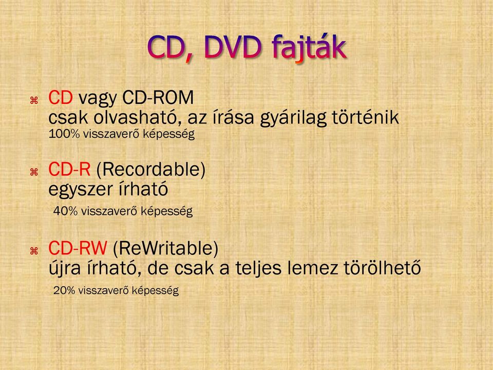 egyszer írható 40% visszaverő képesség CD-RW