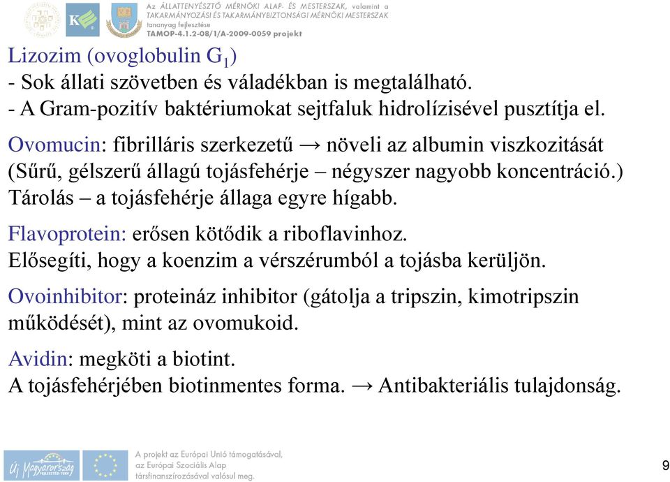 ) Tárolás a tojásfehérje állaga egyre hígabb. Flavoprotein: erősen kötődik a riboflavinhoz. Elősegíti, hogy a koenzim a vérszérumból a tojásba kerüljön.