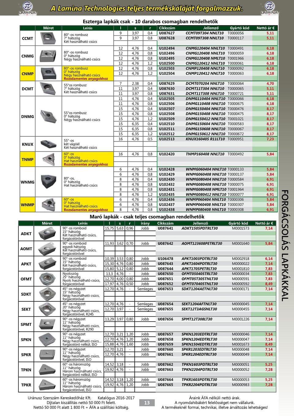 CCMT09T304 NNLT10 T0000056 5,11 7 hátszög 9 3,97 0,8 U087628 CCMT09T308 NNLT10 T0000117 5,11 Két használható csúcs 80 -os rombusz 0 hátszög Négy használható csúcs 80 -os rombusz 0 hátszög Négy