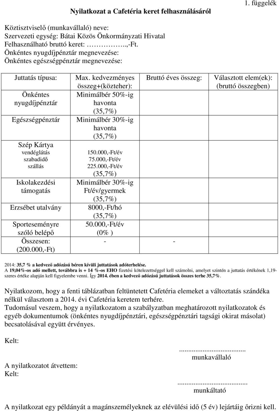 Erzsébet utalvány Sporteseményre szóló belépő Összesen: (200.000,-Ft) Max. kedvezményes összeg+(közteher): Minimálbér 50%-ig havonta (35,7%) Minimálbér 30%-ig havonta (35,7%) 150.000,-Ft/év 75.