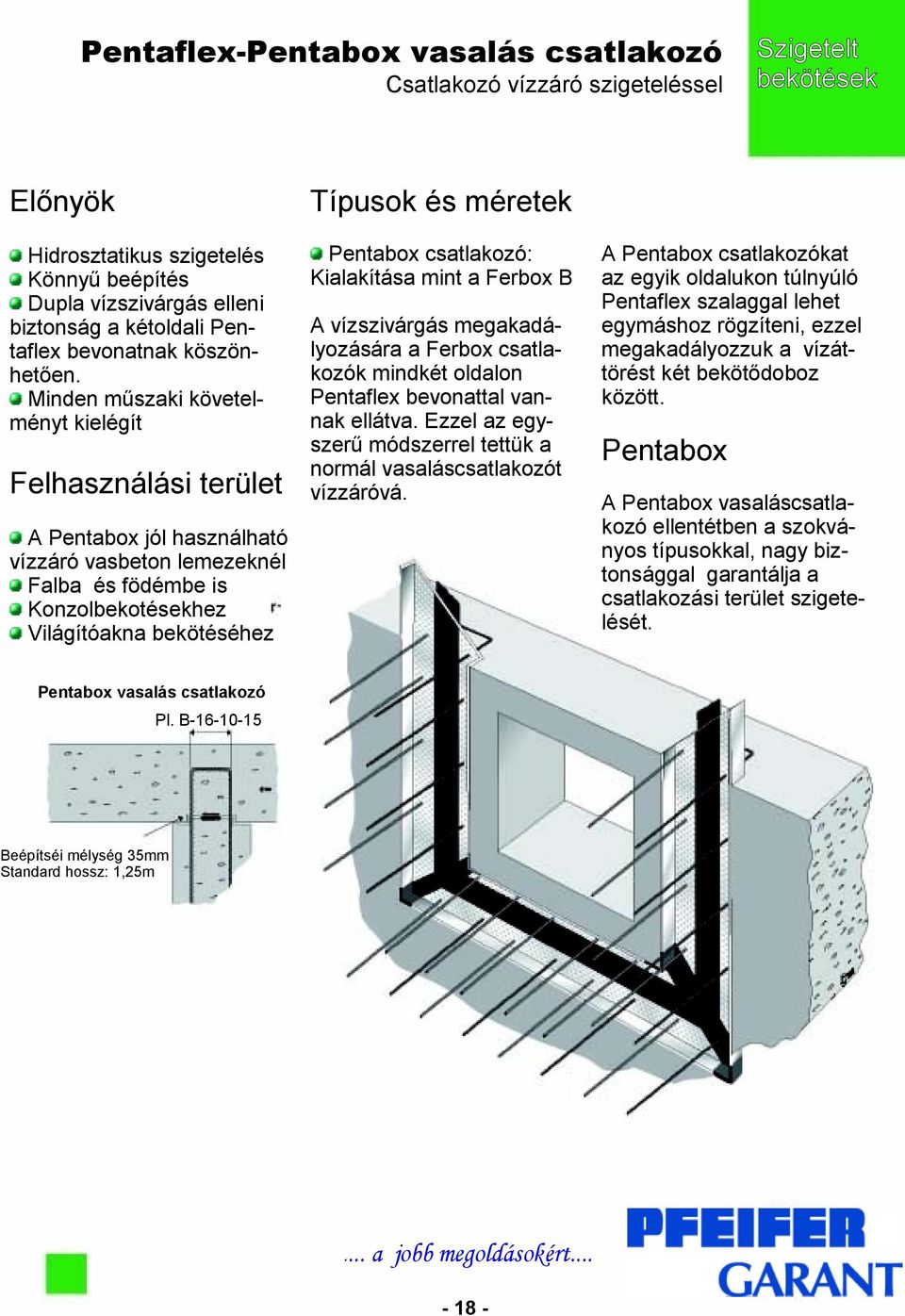 Minden műszaki követelményt kielégít Pentabox csatlakozó: Kialakítása mint a Ferbox B Felhasználási terület A vízszivárgás megakadályozására a Ferbox csatlakozók mindkét oldalon Pentaflex bevonattal