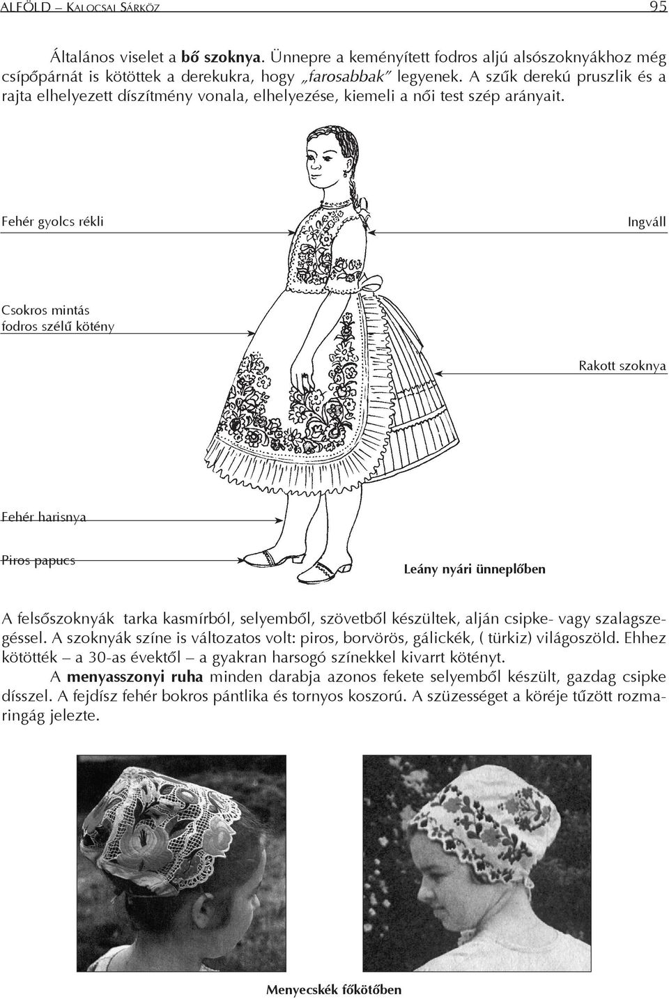 Fehér gyolcs rékli Ingváll Csokros mintás fodros szélû kötény Rakott szoknya Fehér harisnya Piros papucs Leány nyári ünneplõben A felsõszoknyák tarka kasmírból, selyembõl, szövetbõl készültek, alján