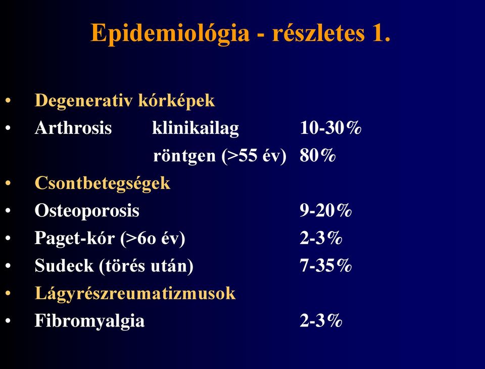 röntgen (>55 év) 80% Csontbetegségek Osteoporosis 9-20%