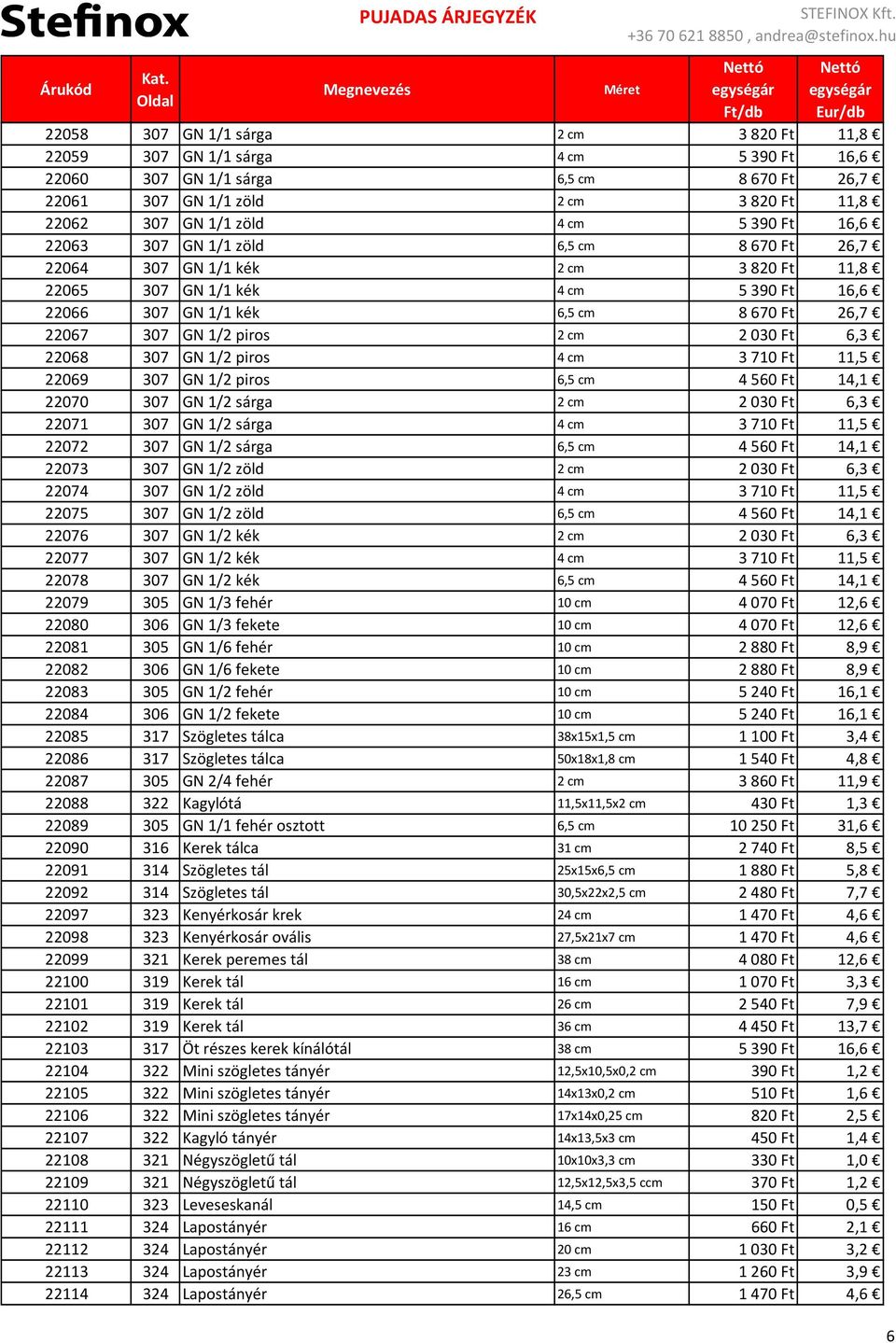 Ft 6,3 22068 307 GN 1/2 piros 4 cm 3710 Ft 11,5 22069 307 GN 1/2 piros 6,5 cm 4560 Ft 14,1 22070 307 GN 1/2 sárga 2 cm 2030 Ft 6,3 22071 307 GN 1/2 sárga 4 cm 3710 Ft 11,5 22072 307 GN 1/2 sárga 6,5