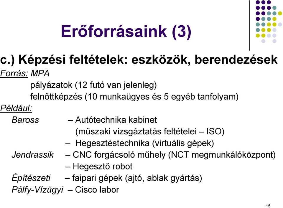 (10 munkaügyes és 5 egyéb tanfolyam) Például: Baross Jendrassik Autótechnika kabinet (műszaki