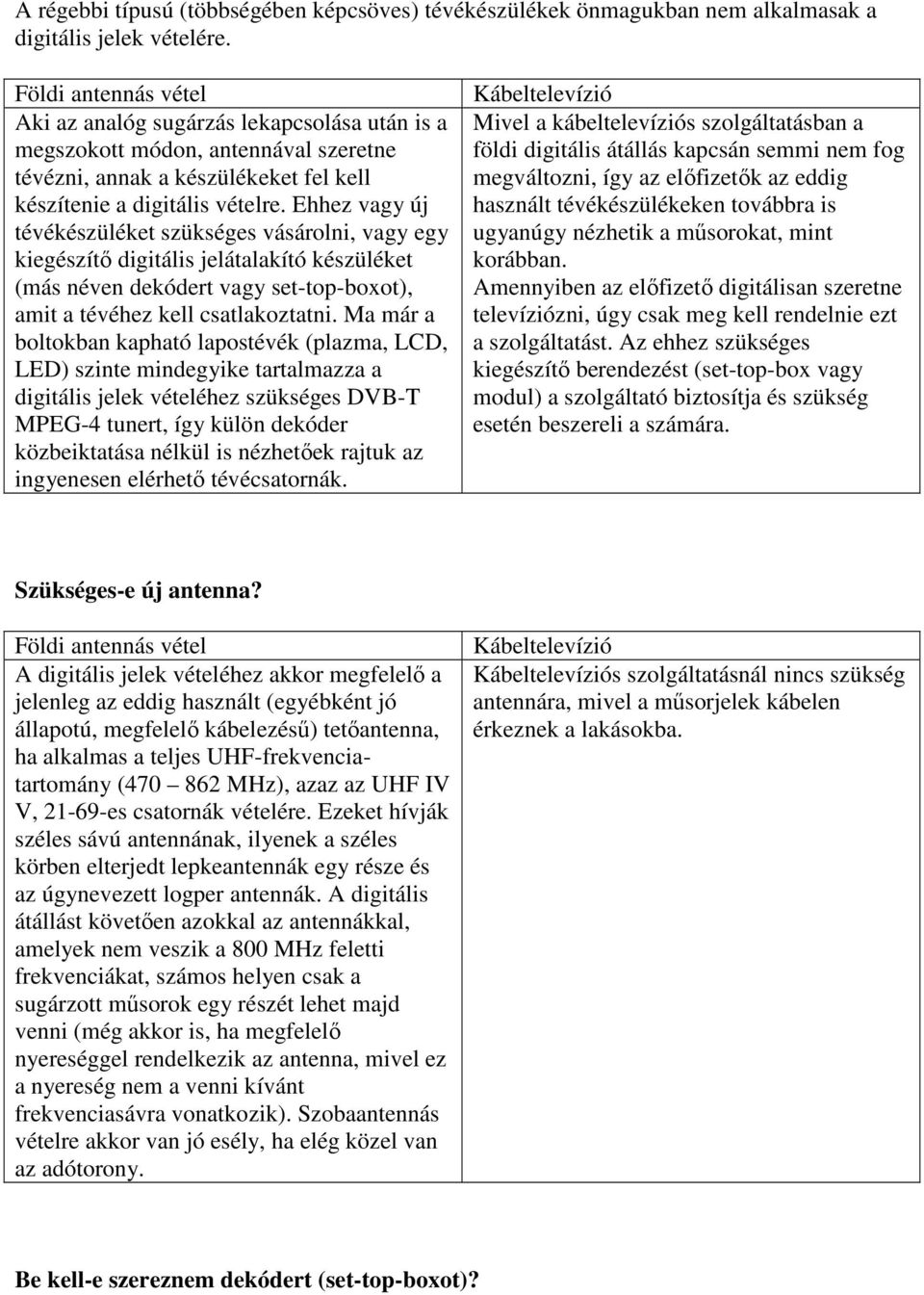 Ehhez vagy új tévékészüléket szükséges vásárolni, vagy egy kiegészítő digitális jelátalakító készüléket (más néven dekódert vagy set-top-boxot), amit a tévéhez kell csatlakoztatni.