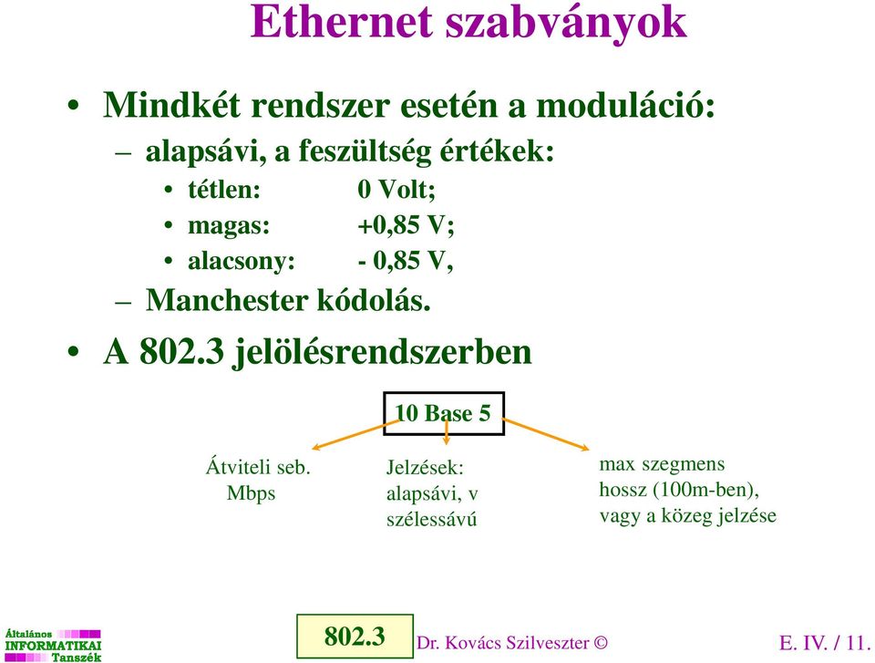 3 jelölésrendszerben 10 Base 5 Átviteli seb.