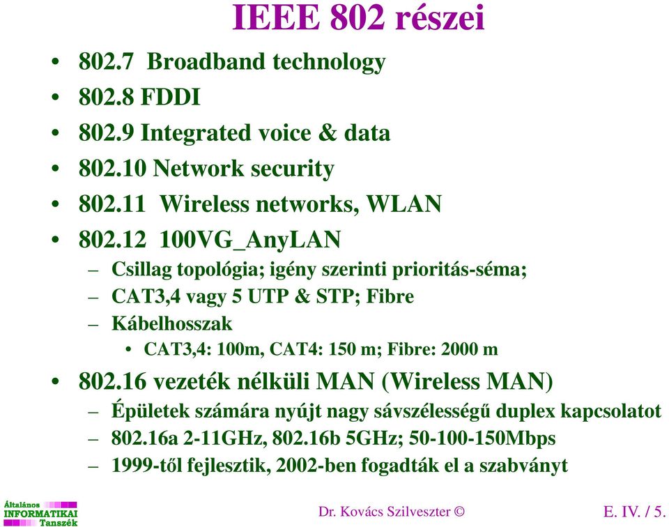 12 100VG_AnyLAN Csillag topológia; igény szerinti prioritás-séma; CAT3,4 vagy 5 UTP & STP; Fibre Kábelhosszak CAT3,4: 100m, CAT4: