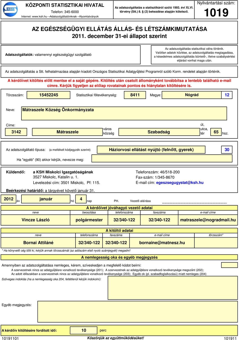 december 31-ei állapot szerint Adatszolgáltatók: valamennyi egészségügyi szolgáltató Az adatszolgáltatás statisztikai célra történik.