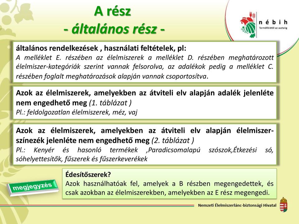 Azok az élelmiszerek, amelyekben az átviteli elv alapján adalék jelenléte nem engedhető meg (1. táblázat ) Pl.