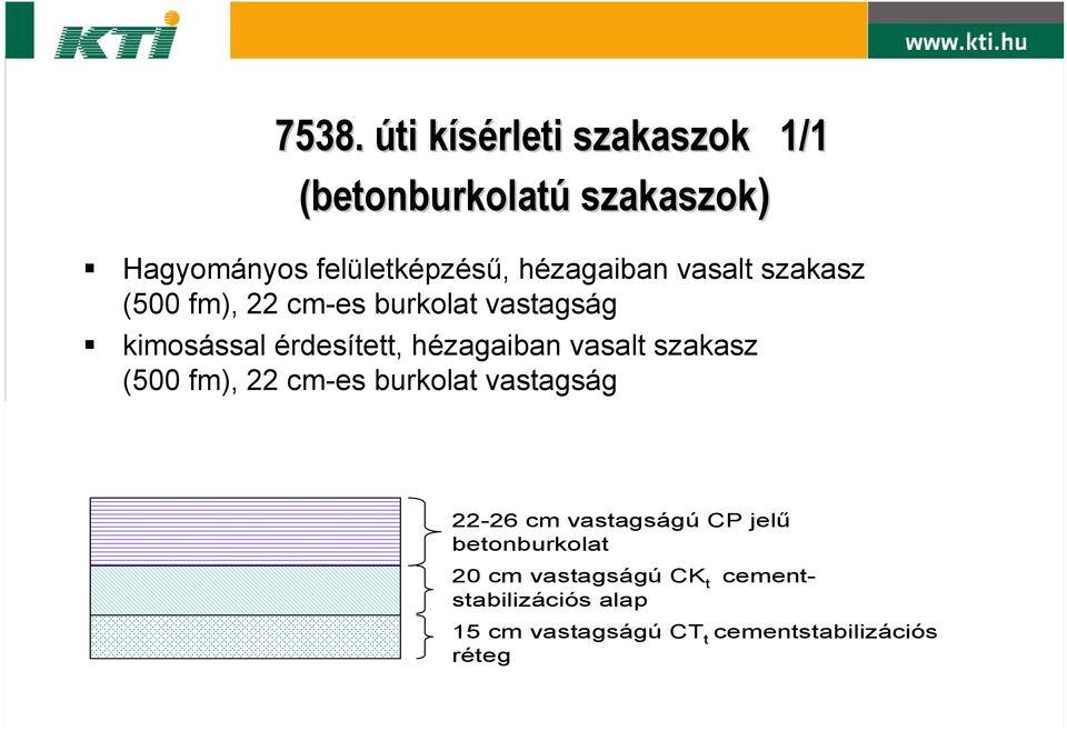 hézagaiban vasalt szakasz (500 fm), 22 cm-es burkolat vastagság 22-26 cm vastagságú CP jelű