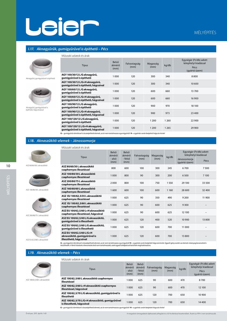 100/60/12 L/G aknagyűrű, 1 000 120 600 660 13 700 AGY 100/60/12 L/G+H aknagyűrű,, hágcsóval 1 000 120 600 660 16 900 AGY 100/90/12 L/G aknagyűrű, 1 000 120 900 970 18 100 AGY 100/90/12 L/G+H