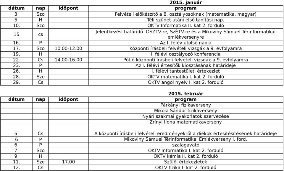 évfolyamra 19. H I. félévi osztályozó konferencia 22. Cs 14.00-16.00 Pótló központi írásbeli felvételi vizsgák a 9. évfolyamra 23. P Az I. félévi értesítők kiosztásának határideje 26. H I. félévi tantestületi értekezlet 28.