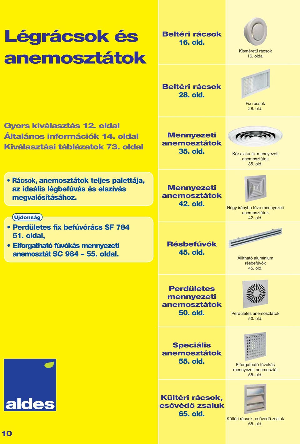 Újdonság Perdületes fix befúvórács SF 784 51. oldal, Elforgatható fúvókás mennyezeti anemosztát SC 984 55. oldal. Mennyezeti anemosztátok 42. old. Résbefúvók 45. old. Négy irányba fúvó mennyezeti anemosztátok 42.