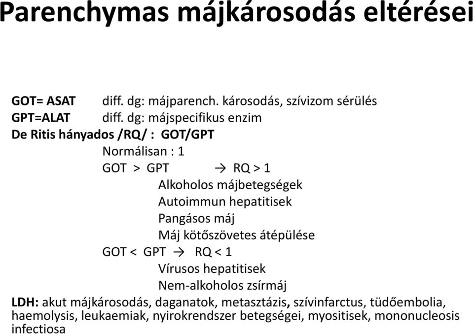 hepatitisek Pangásos máj Máj kötőszövetes átépülése GOT < GPT RQ < 1 Vírusos hepatitisek Nem-alkoholos zsírmáj LDH: akut