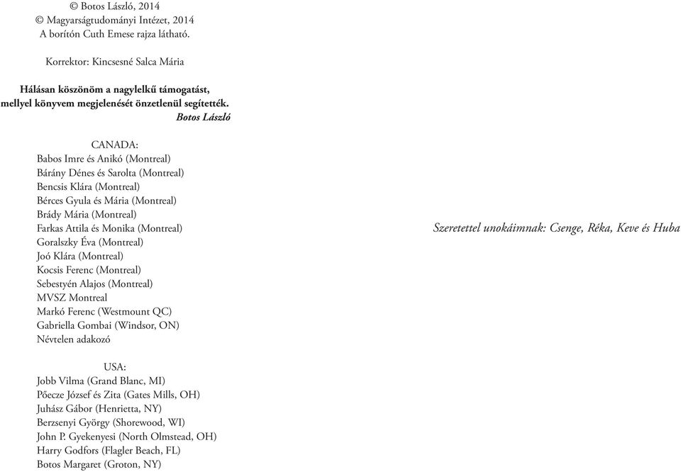 Botos László CANADA: Babos Imre és Anikó (Montreal) Bárány Dénes és Sarolta (Montreal) Bencsis Klára (Montreal) Bérces Gyula és Mária (Montreal) Brády Mária (Montreal) Farkas Attila és Monika