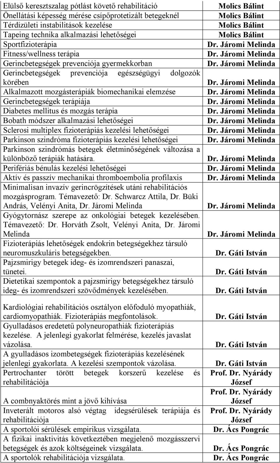 terápiája Diabetes mellitus és mozgás terápia Bobath módszer alkalmazási lehetőségei Sclerosi multiplex fizioterápiás kezelési lehetőségei Parkinson szindróma fizioterápiás kezelési lehetőségei