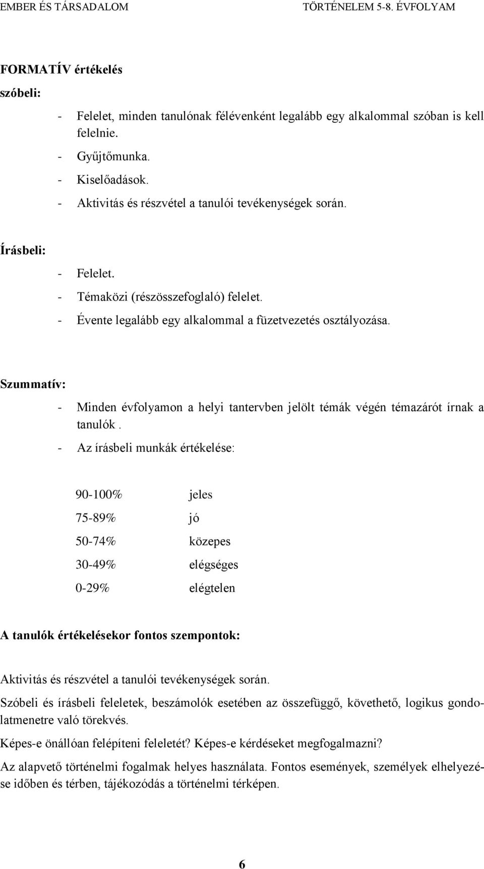 Szummatív: - Minden évfolyamon a helyi tantervben jelölt témák végén témazárót írnak a tanulók.