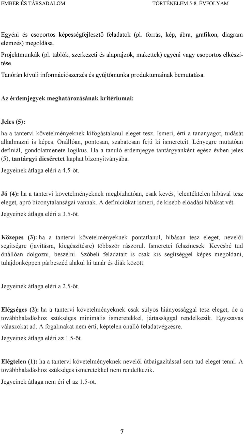 Az érdemjegyek meghatározásának kritériumai: Jeles (5): ha a tantervi követelményeknek kifogástalanul eleget tesz. Ismeri, érti a tananyagot, tudását alkalmazni is képes.