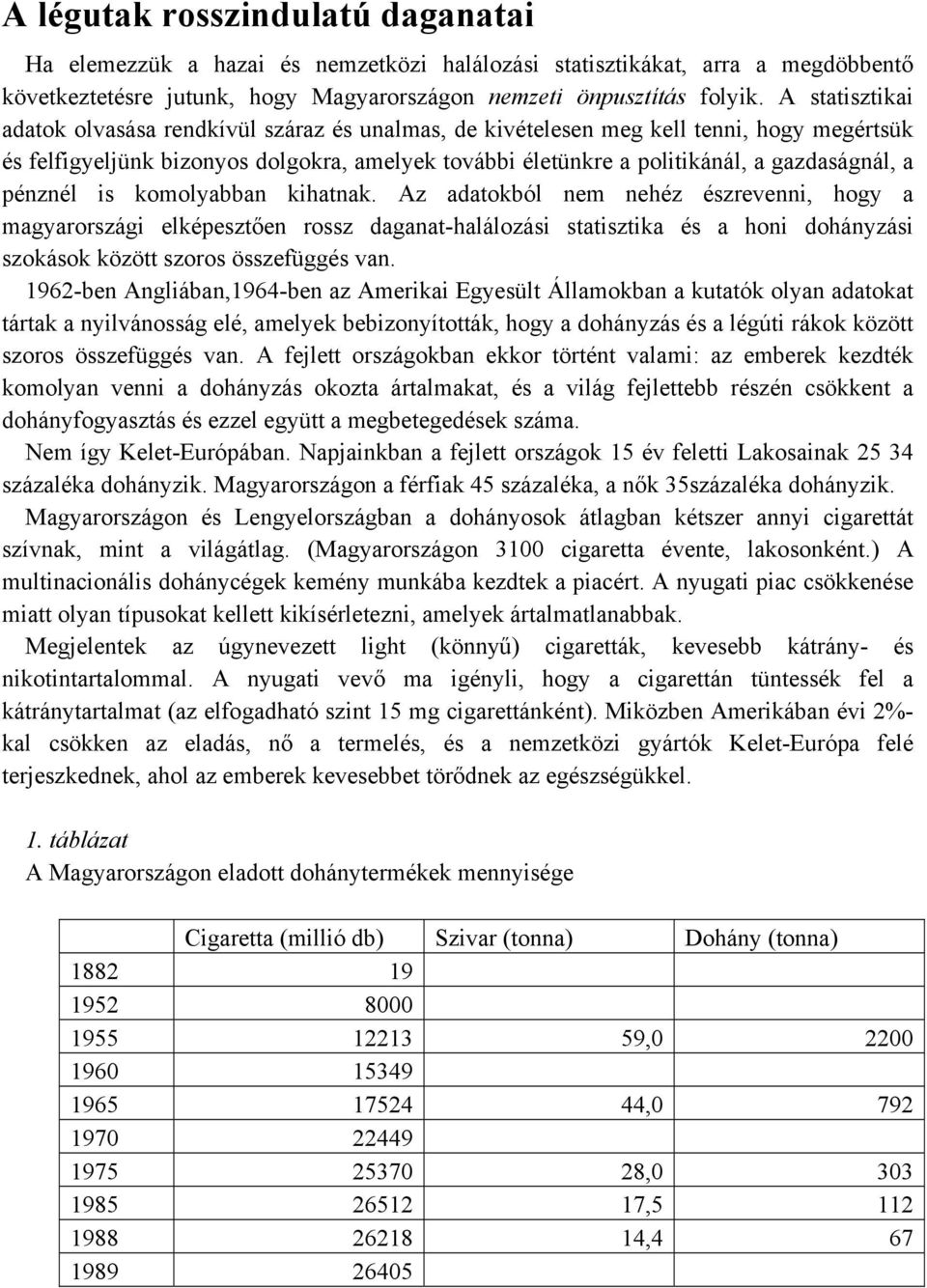 pénznél is komolyabban kihatnak. Az adatokból nem nehéz észrevenni, hogy a magyarországi elképesztően rossz daganat-halálozási statisztika és a honi dohányzási szokások között szoros összefüggés van.