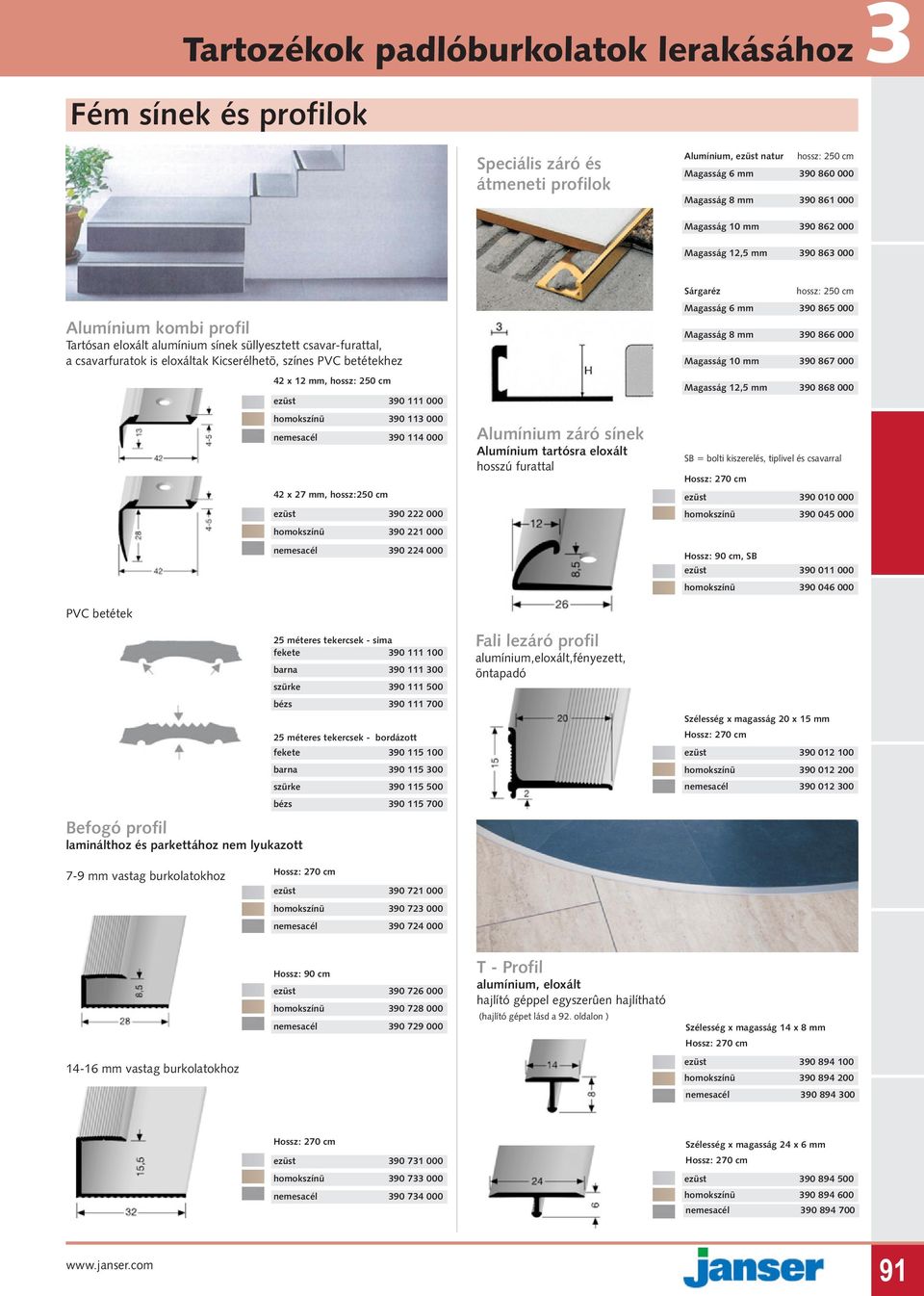 betétek Befogó profil laminálthoz és parkettához nem lyukazott 42 x 12 mm, hossz: 250 cm ezüst 390 111 000 homokszínü 390 113 000 nemesacél 390 114 000 42 x 27 mm, hossz:250 cm ezüst 390 222 000