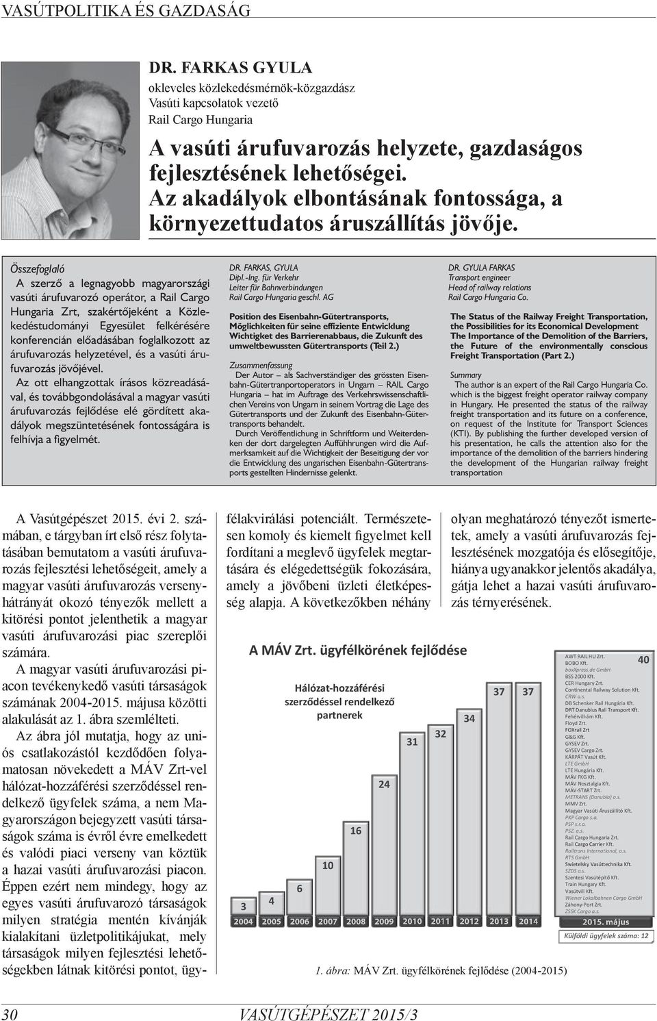 Összefoglaló A szerző a legnagyobb magyarországi vasúti árufuvarozó operátor, a Rail Cargo Hungaria Zrt, szakértőjeként a Közlekedéstudományi Egyesület felkérésére konferencián előadásában